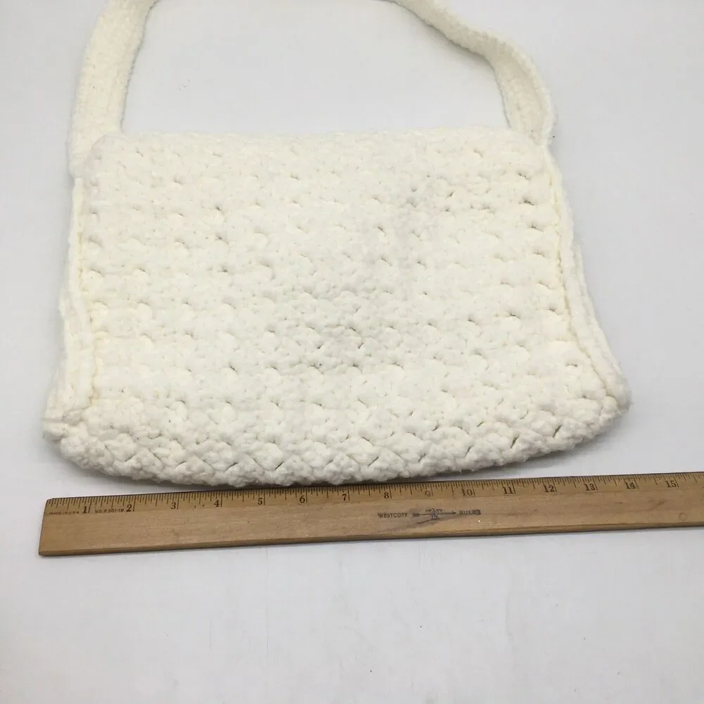VTG Handmade Crochet  Shoulder Bag Boho Knit Purse Creamy White Lined Festival